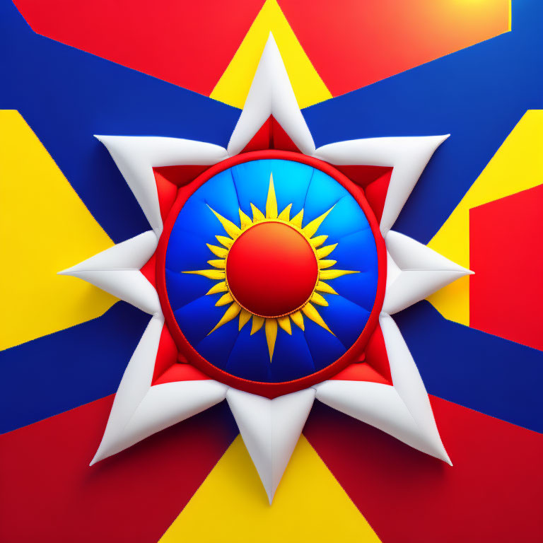 Vibrant graphic featuring blue circle, sun motif, white star on red and yellow geometric background