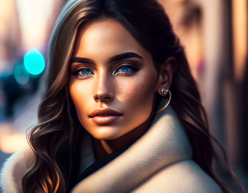 Digital portrait: Woman with blue eyes, wavy hair, turtleneck & coat, city background