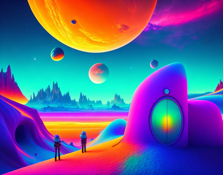 Vibrant Alien Landscape with Colorful Hills and Large Planets