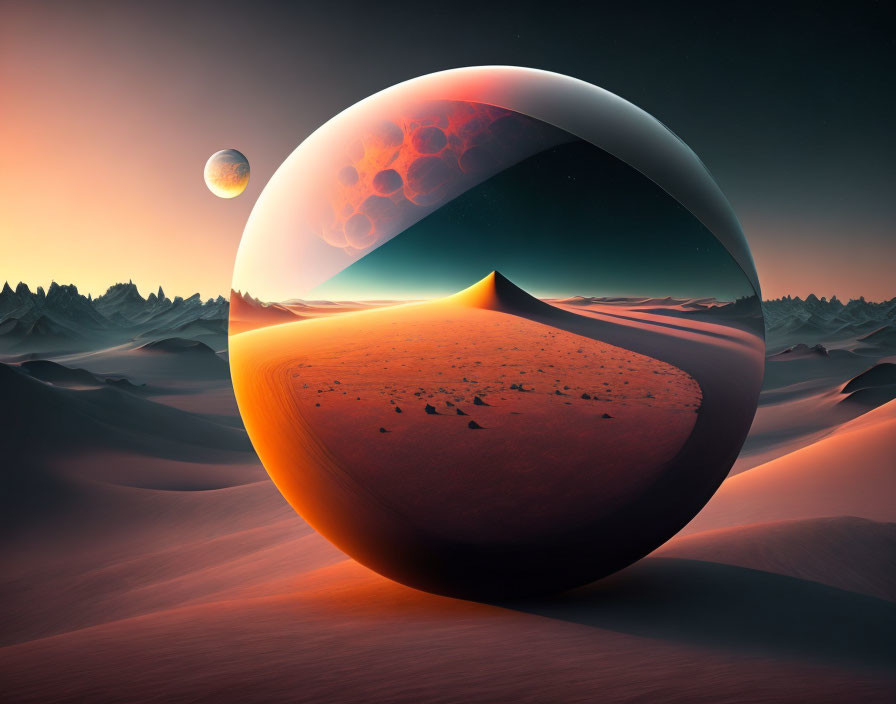 Surreal landscape with glossy sphere, dunes, mountains, and distant planet