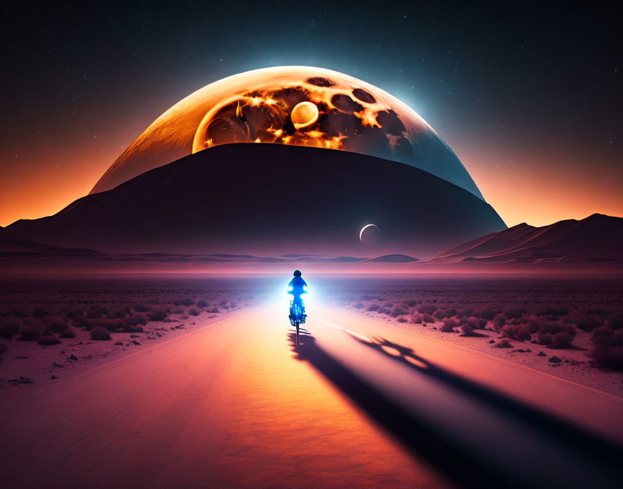 Person biking in desert under dramatic night sky with celestial body