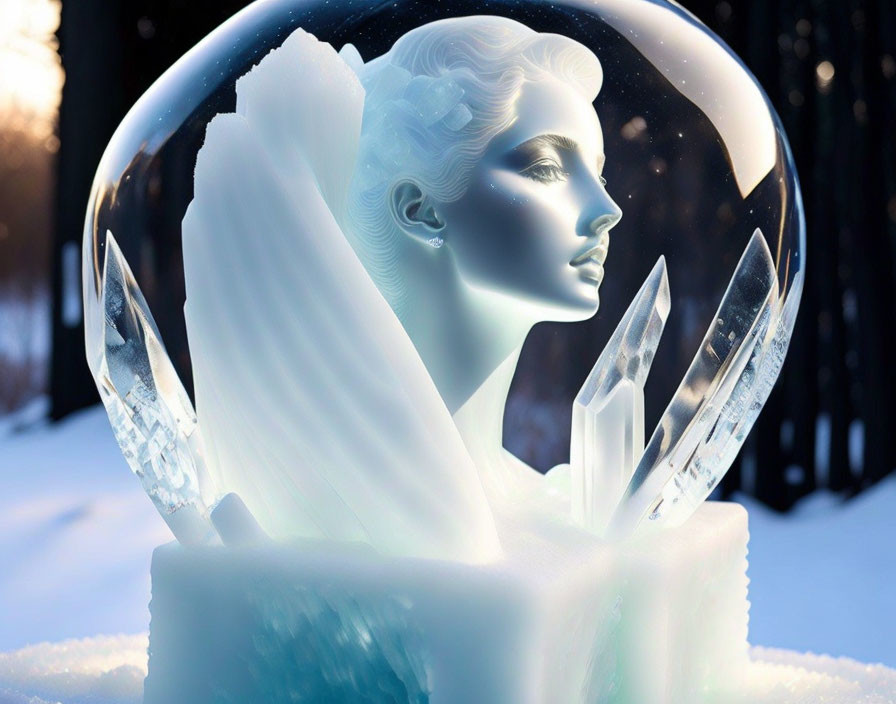 Ethereal glass sphere sculpture of woman's head in snowy forest at dusk