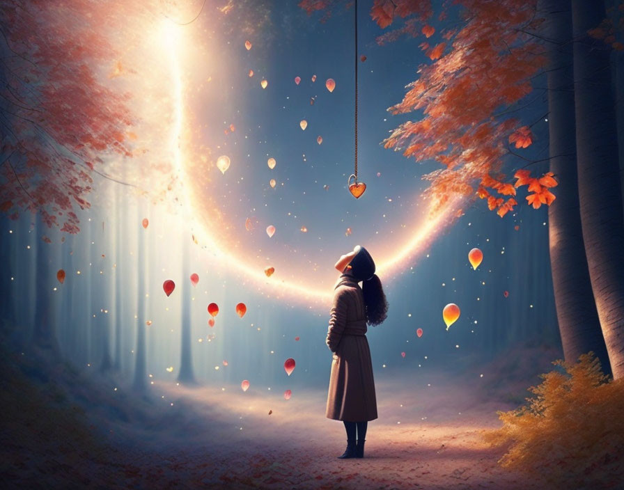 Person in mystical forest with glowing heart-shaped lanterns under soft light