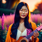 Blue-haired woman with glasses playing ukulele in vibrant flower field at golden hour