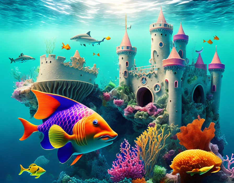 Vibrant coral reef and whimsical castle in underwater scene