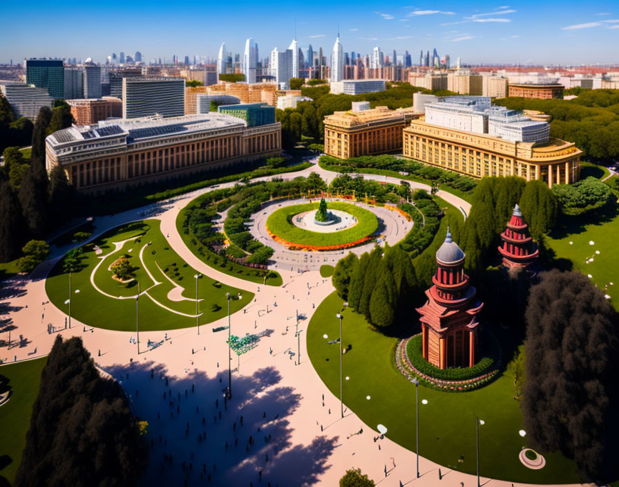 Vibrant park with circular fountain, manicured lawns, and city skyline