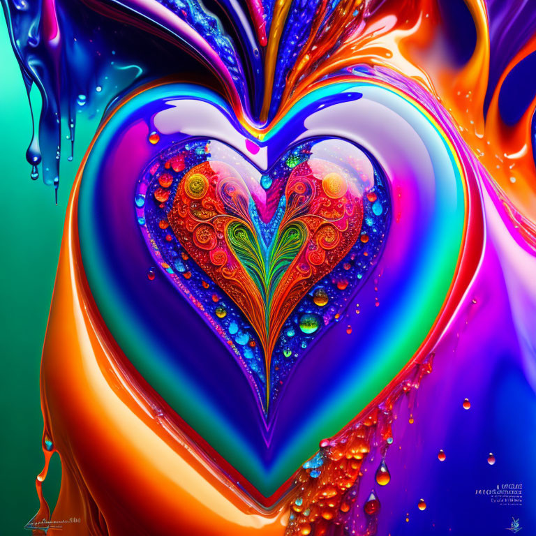 Colorful Abstract Image: Heart Shape with Intricate Patterns & Liquid Textures