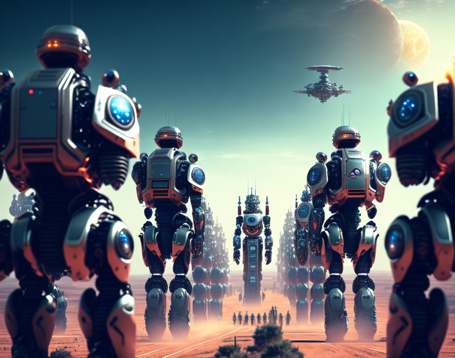 Futuristic army of robots in desert with multiple moons and spaceship