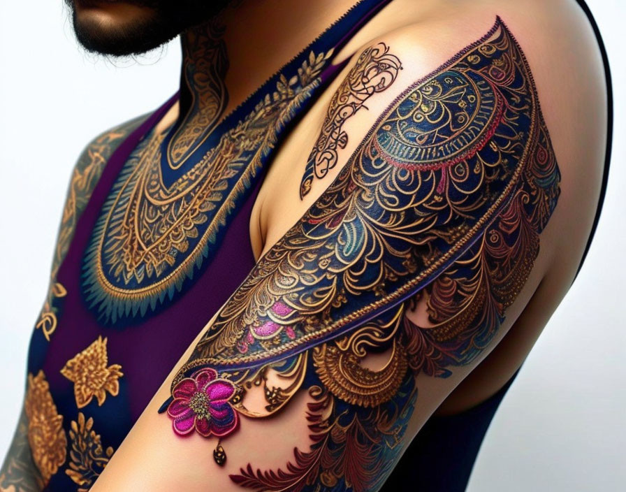 Colorful Sleeve Tattoo with Intricate Patterns and Floral Designs