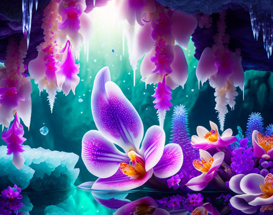 Vibrant purple and pink orchids in surreal underwater scene