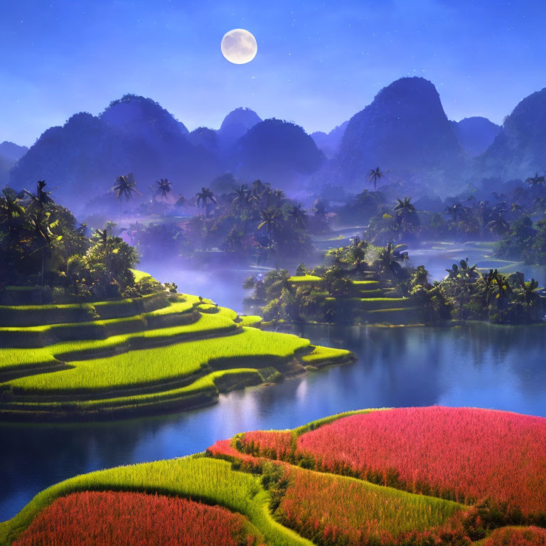 Vibrant green and pink terraced fields by river with moonlit mountains