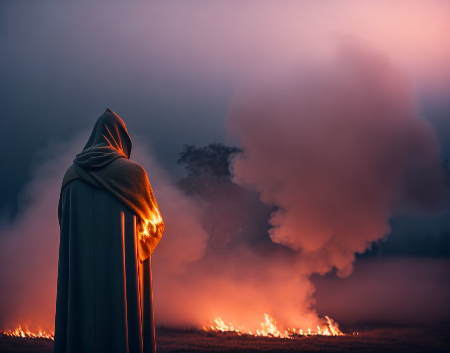 Cloaked figure in fiery scene under dramatic dusk sky