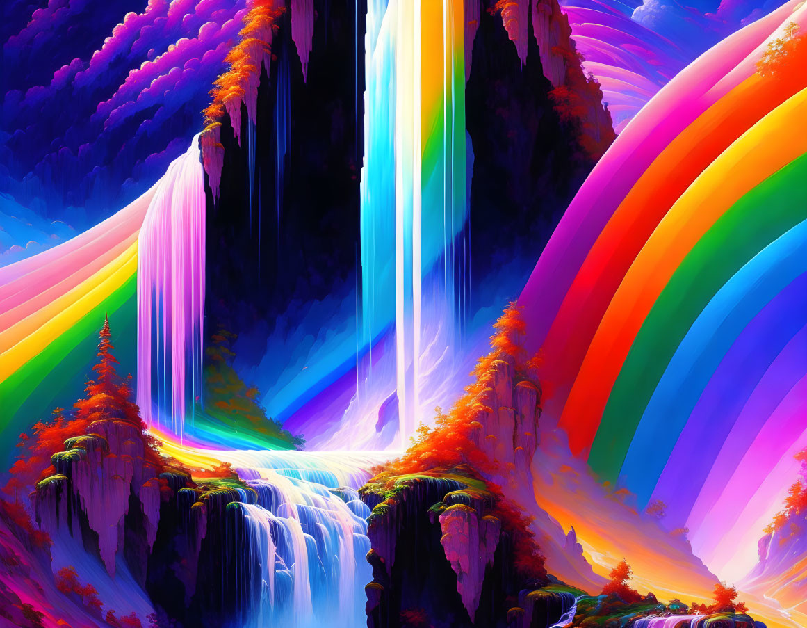 Colorful digital artwork: waterfall with neon rainbow colors and autumn foliage.