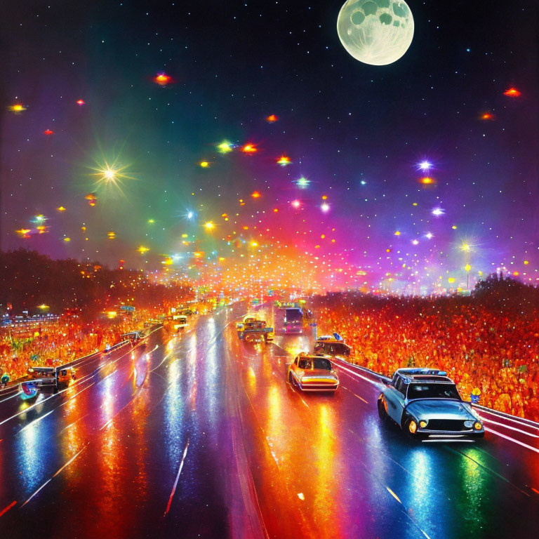 Colorful Night Scene: Busy Road with Vehicles, Crowd, Starry Sky, Lights, and Overs