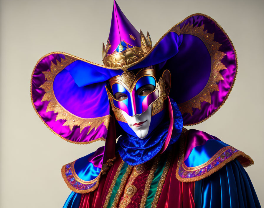 Elaborate Venetian mask with blue and purple colors and gold accents on a person in a