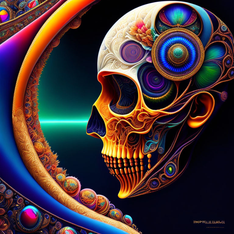 Colorful Psychedelic Human Skull Art on Dark Background