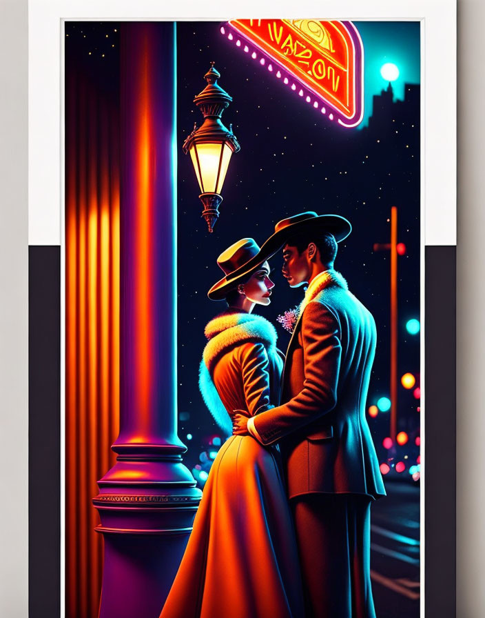 Romantic vintage couple embracing under street lamp with neon signs