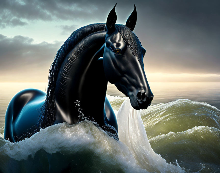 Black horse with shimmering mane merges with ocean waves at sunset