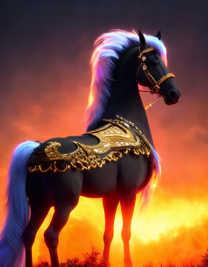 Majestic black horse with blue and white mane against fiery sunset backdrop