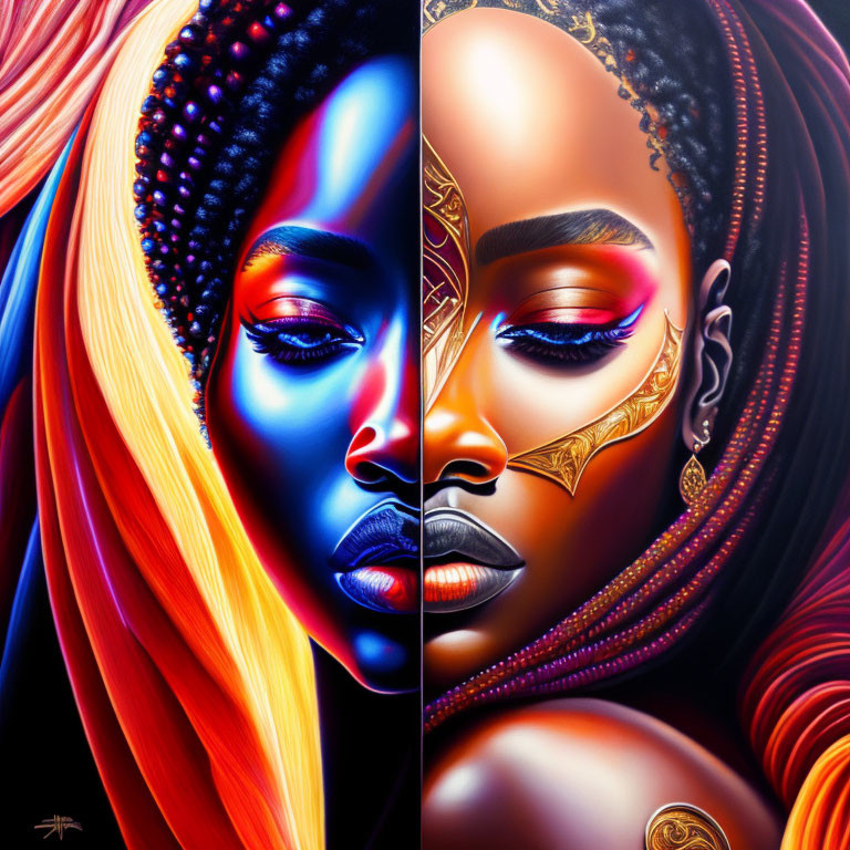 Colorful digital artwork of two women with intricate hairstyles and glowing skin in shades of blue, orange,