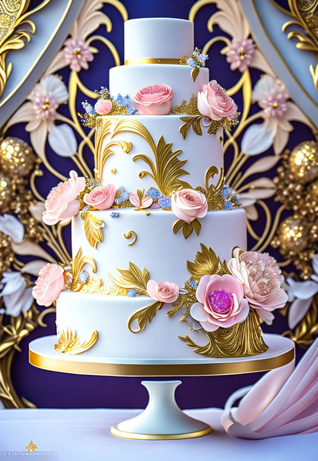 White Three-Tier Cake with Gold and Pink Decor on Purple Background