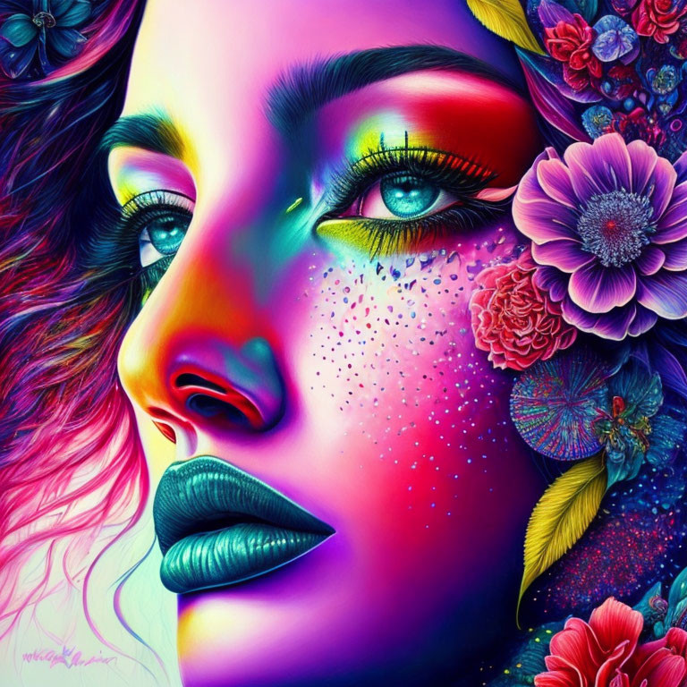 Colorful portrait of a woman with floral elements and rich hues