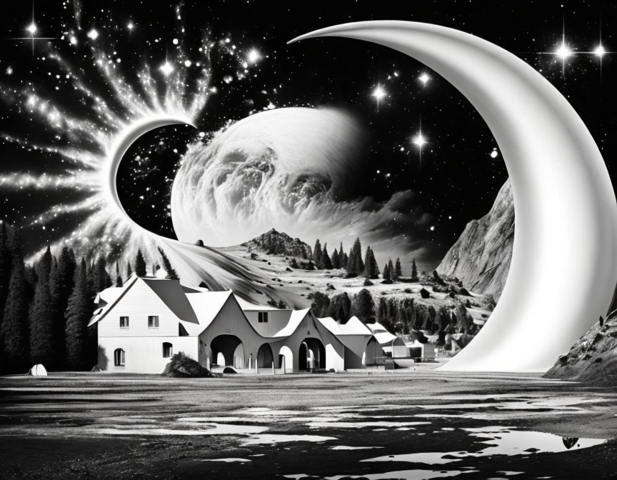 Monochromatic surreal landscape with moon, planet, stars, and houses