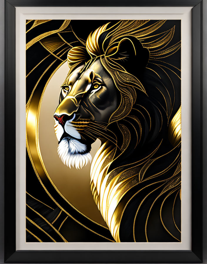 Majestic lion portrait with gold and black fur on dark backdrop