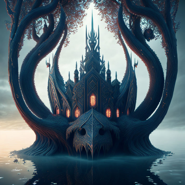 Symmetrical fantastical image: intricate spires, giant trees, dusky sky