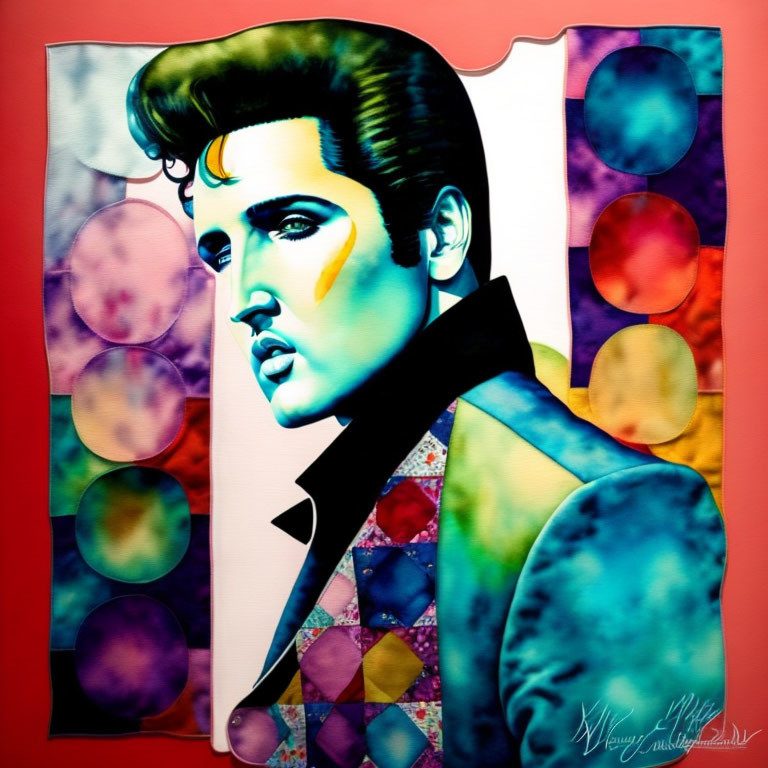 Vibrant male figure portrait in 1950s pop culture style on red background.