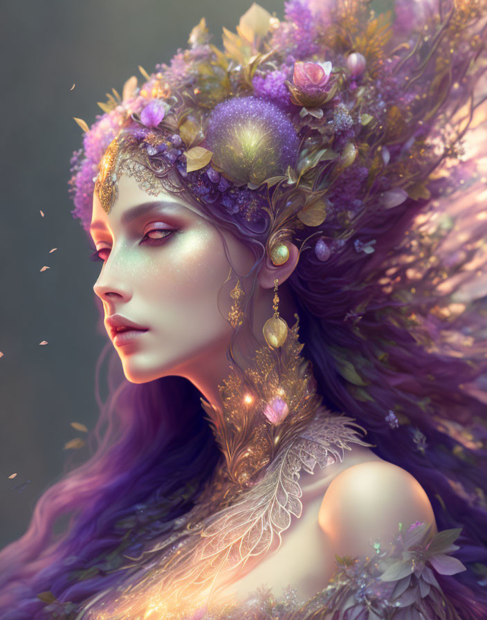 Fantasy portrait of woman with floral headdress and lilac hair