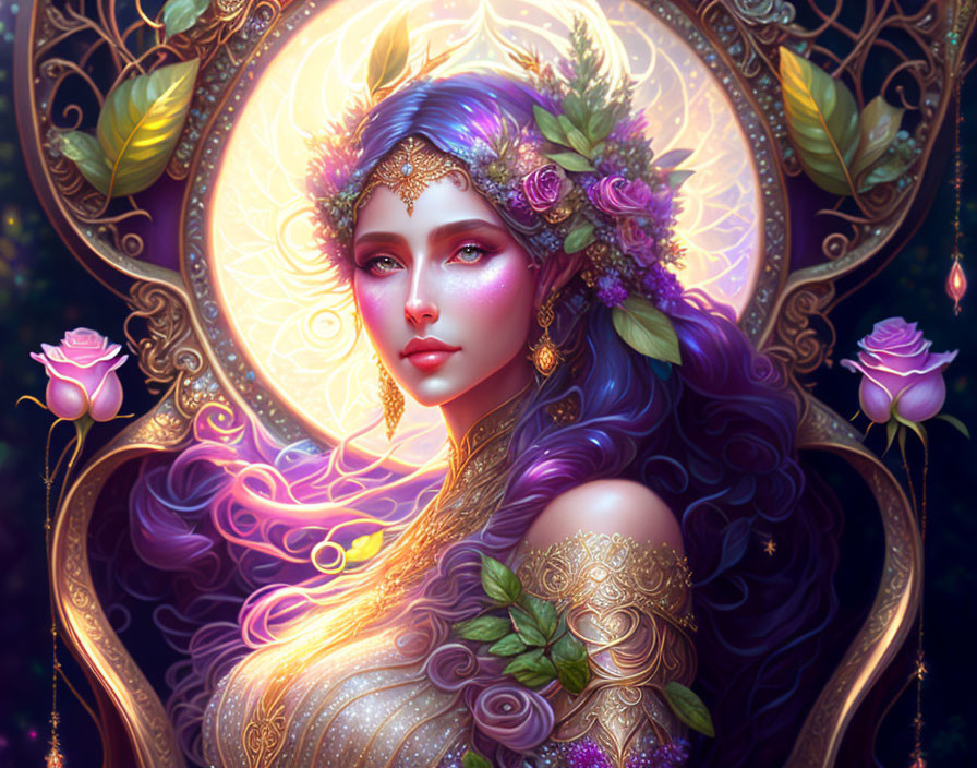 Fantasy portrait of woman with purple hair, floral crown, golden jewelry, and mystical glowing background.