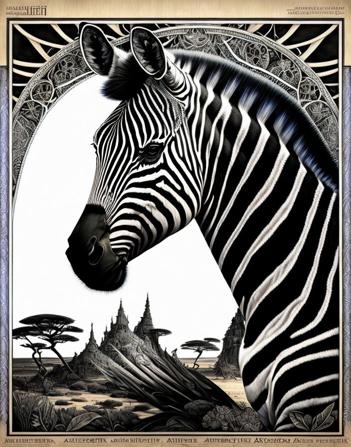 Intricate zebra illustration in African savannah scenery