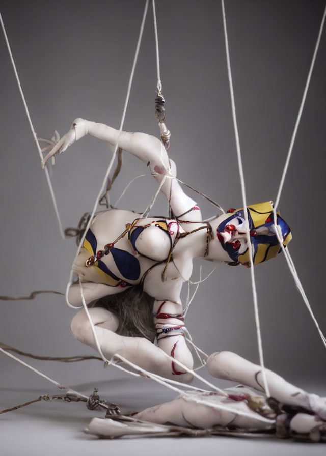 Surreal contorted puppet figure with painted face and strings