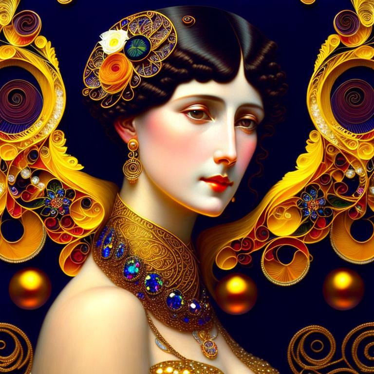 Art Nouveau-inspired portrait of woman with golden jewelry on dark background