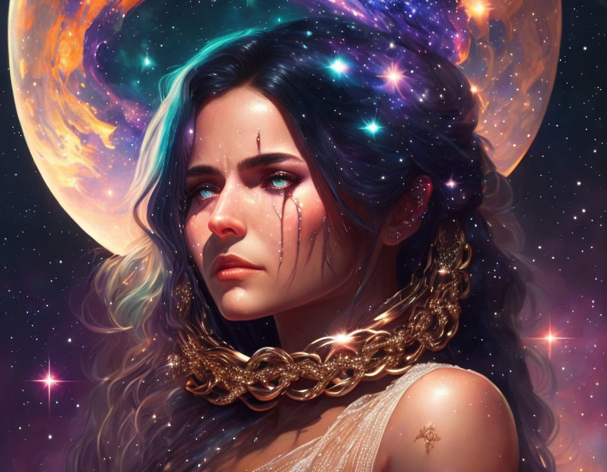 Digital art portrait of woman with teary eyes in cosmic setting