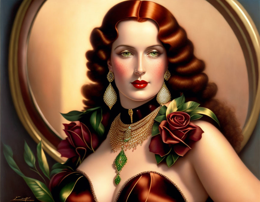 Woman with Auburn Hair and Gold Jewelry Surrounded by Roses on Beige Background