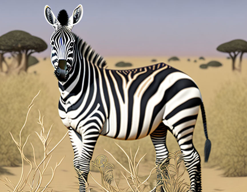 Zebra in savanna with acacia trees and dry grass