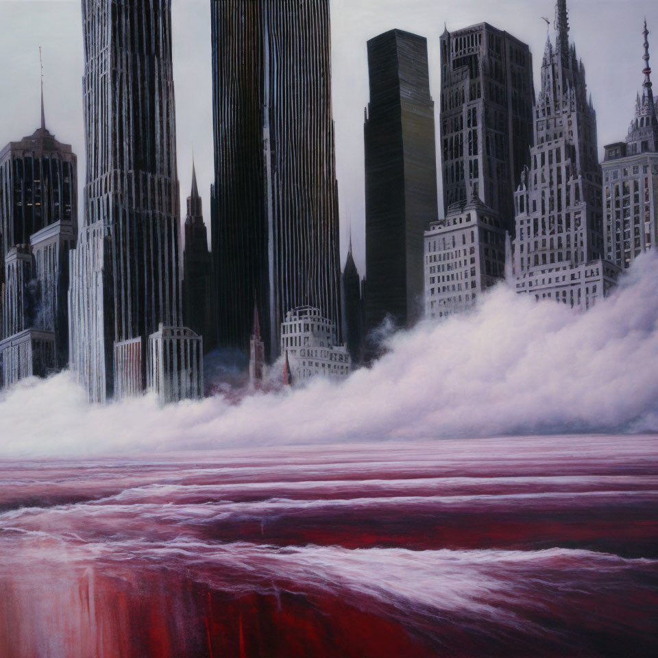 Surreal cityscape with skyscrapers over crimson sea