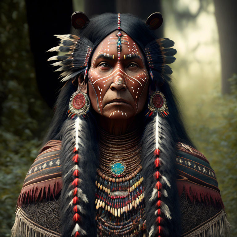 Elaborate Native American headdress and traditional garb in sunlit woods