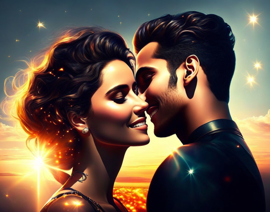 Affectionate couple in sunset with twinkling stars and warm glow