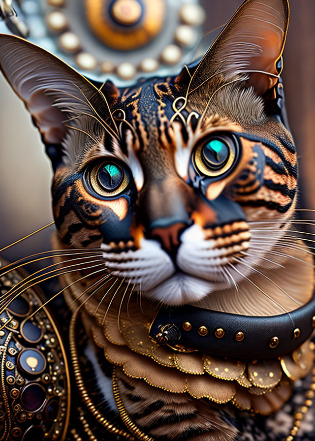 Digitally enhanced photo of a cat with steampunk-style accessories