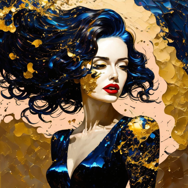 Woman with Blue-Black Hair, Gold Accents, Red Lipstick, Blue Dress