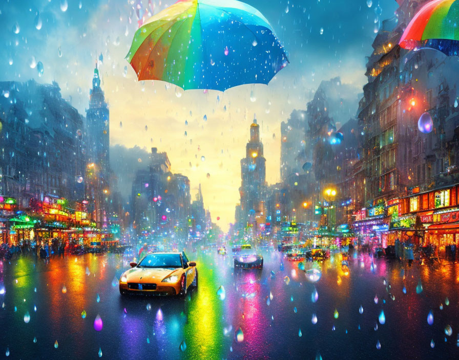 Colorful illuminated city street at night in the rain with reflections and a person holding a multicolored