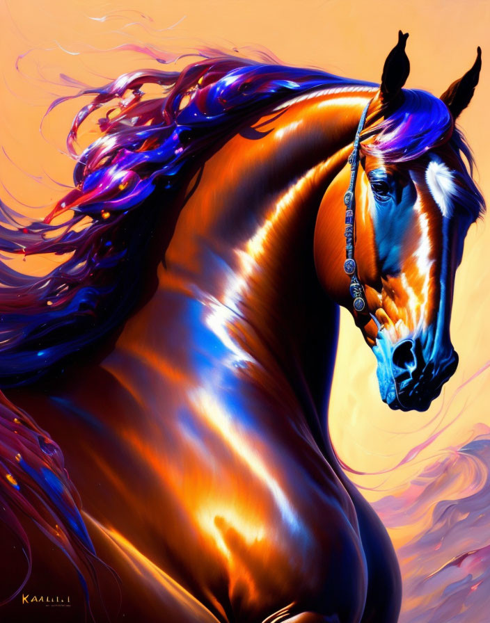 Vibrant digital horse art on orange background