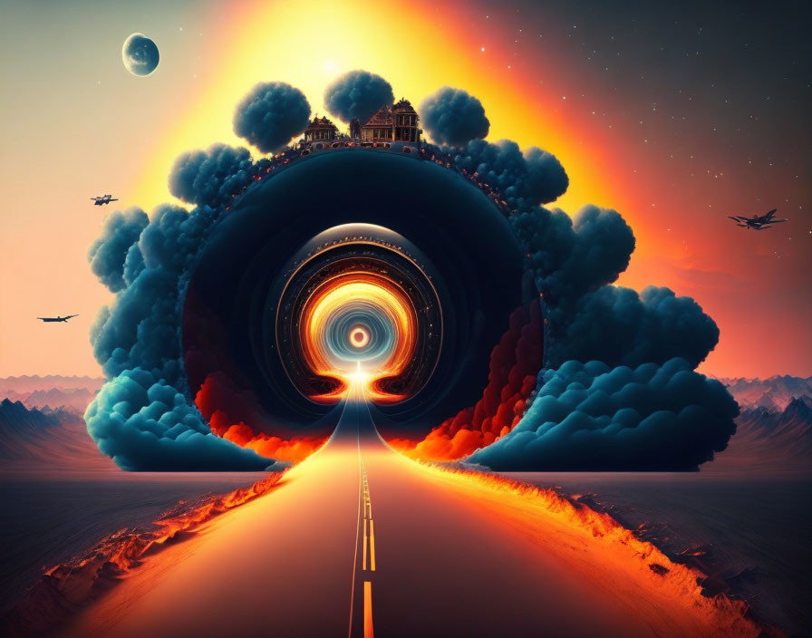 Surreal landscape with road, vortex, sky, castle, and moon