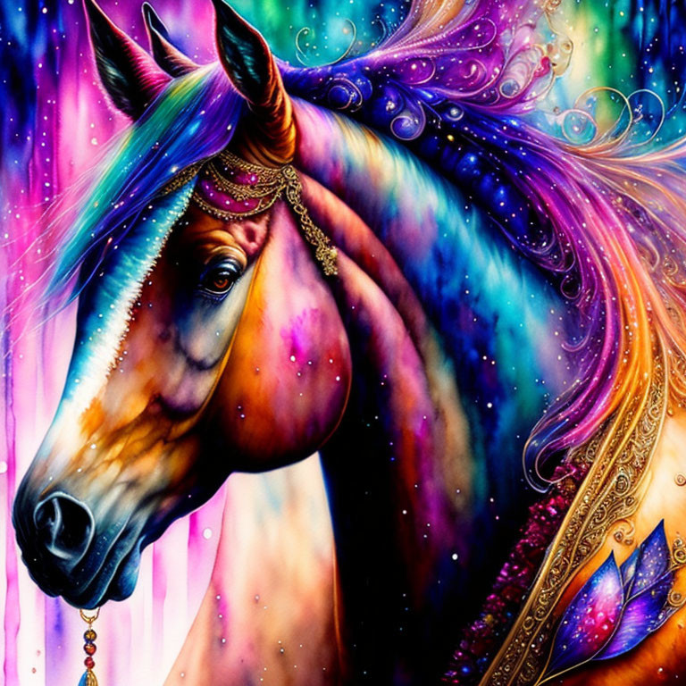 Vibrant mystical horse in cosmic setting with purple, blue, and pink hues