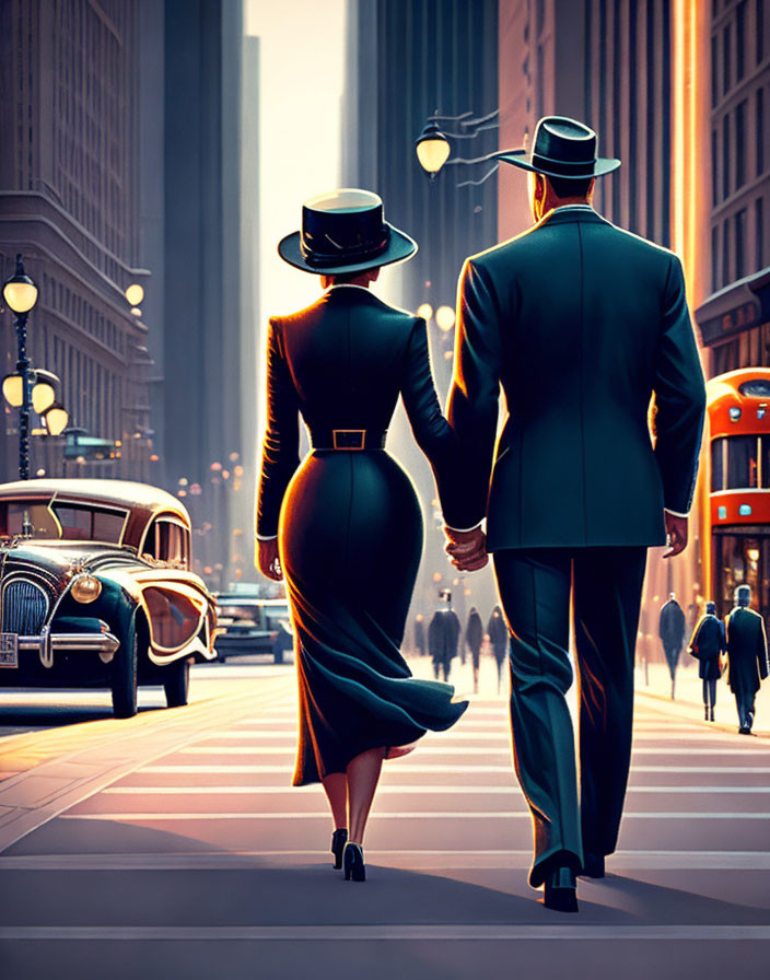 Couple walking in vintage cityscape with retro vibe