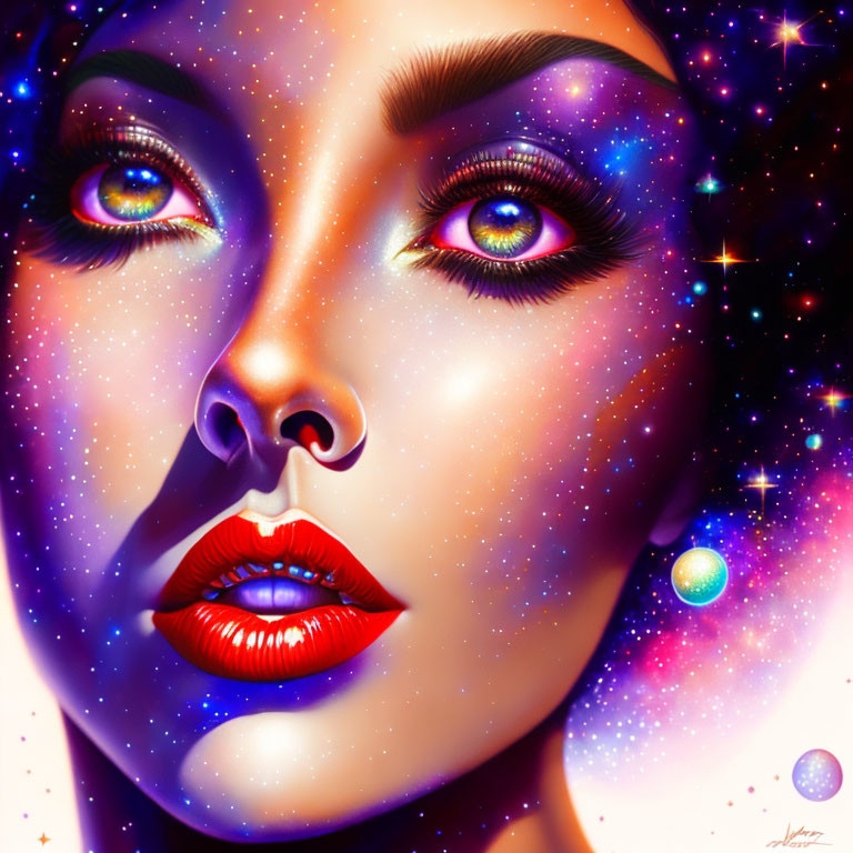 Colorful Woman Portrait with Cosmic Space Theme