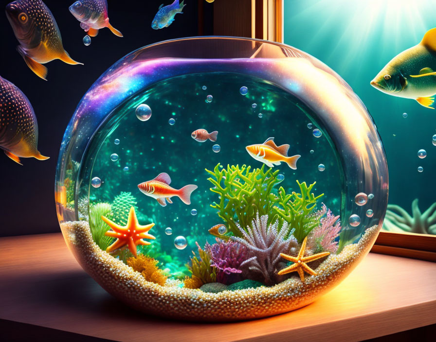 Colorful fishbowl with fish, starfish, and coral in sunny window setting